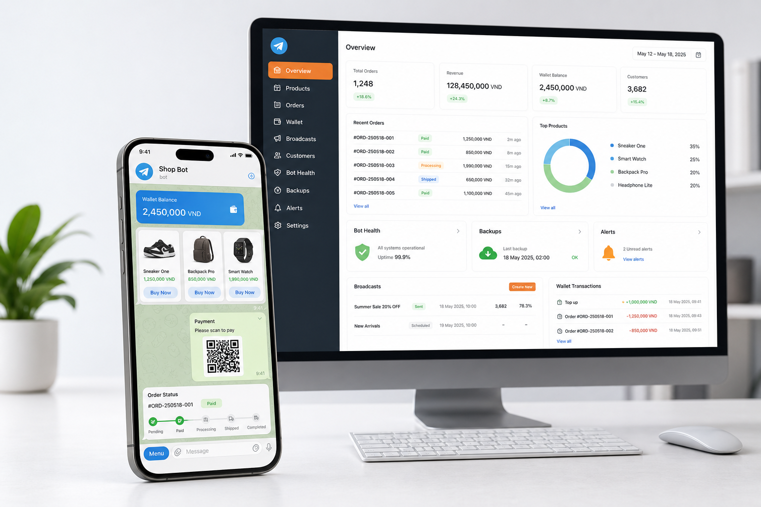 Điện thoại hiển thị bot bán hàng và màn hình dashboard quản trị Bot Manager